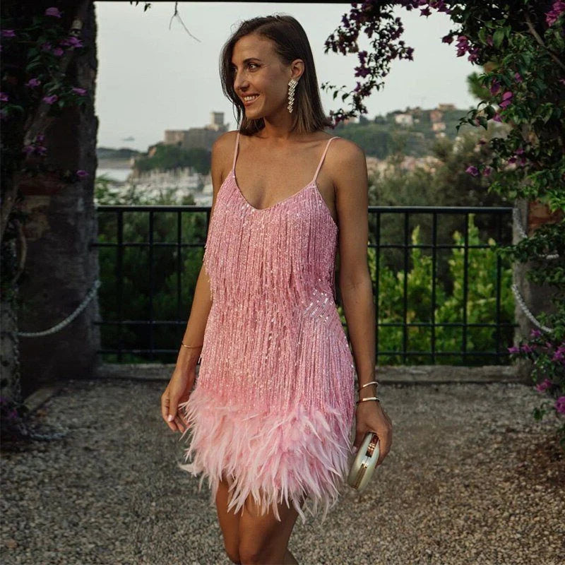 Sequin Cocktail Mini Dress with Feather Hem and V-Neckline 4