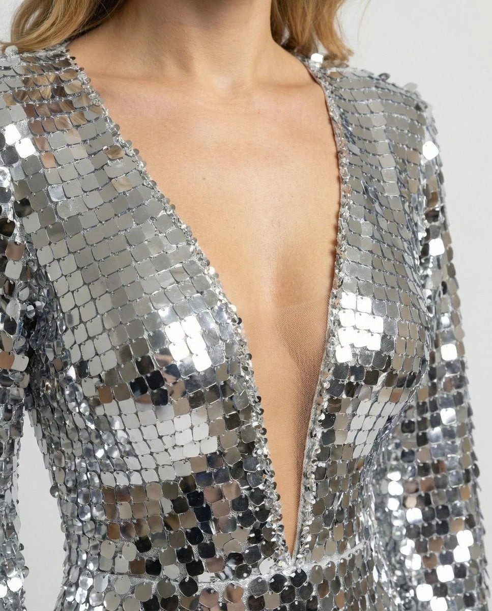 Sequin Maxi Dress with Flutter Sleeves and Deep V-Neckline 3
