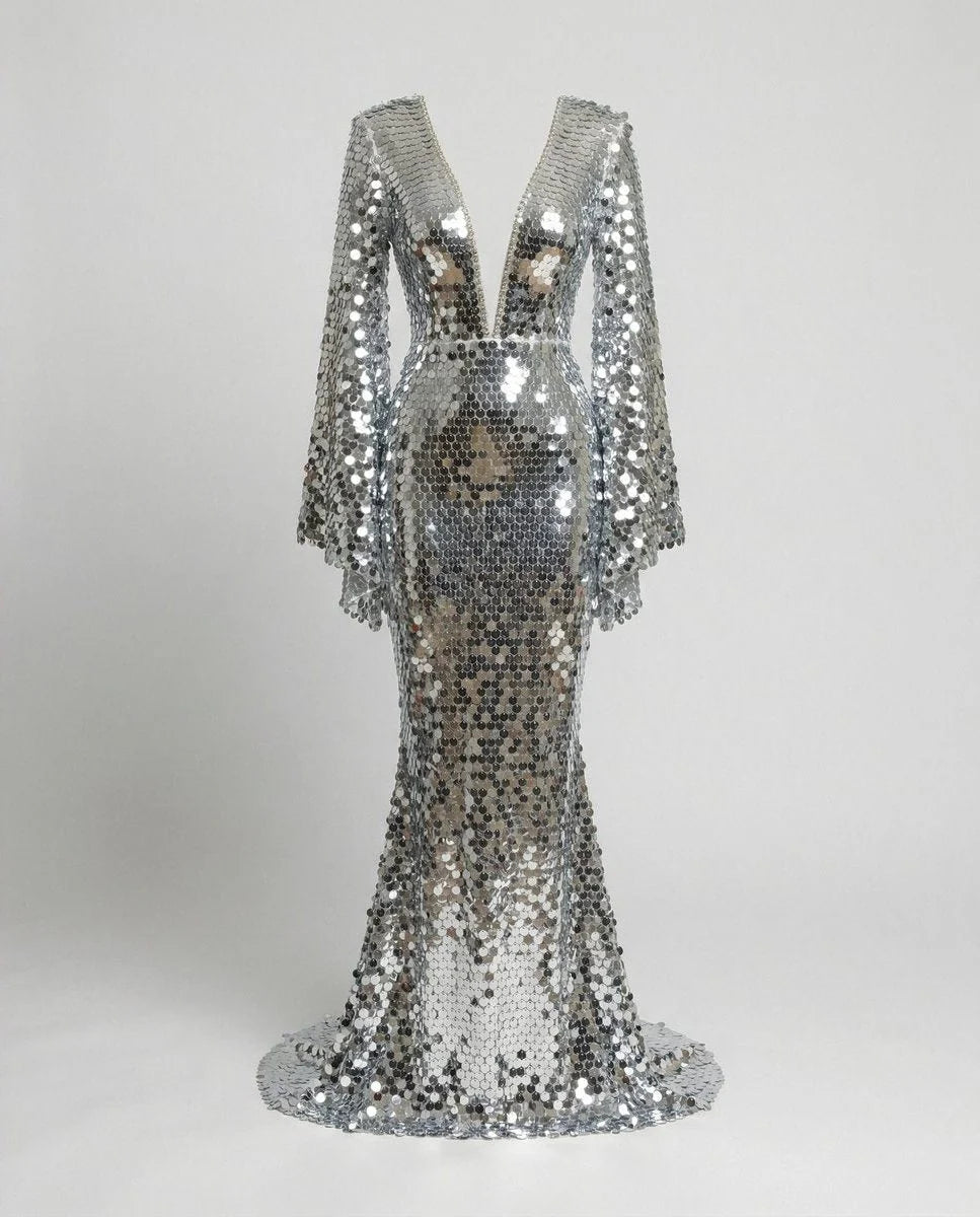 Sequin Maxi Dress with Flutter Sleeves and Deep V-Neckline 4