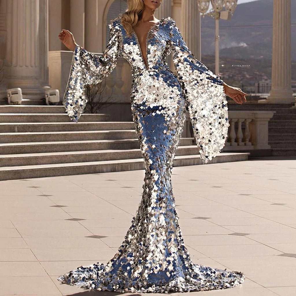 Sequin Maxi Dress with Flutter Sleeves and Deep V-Neckline 5