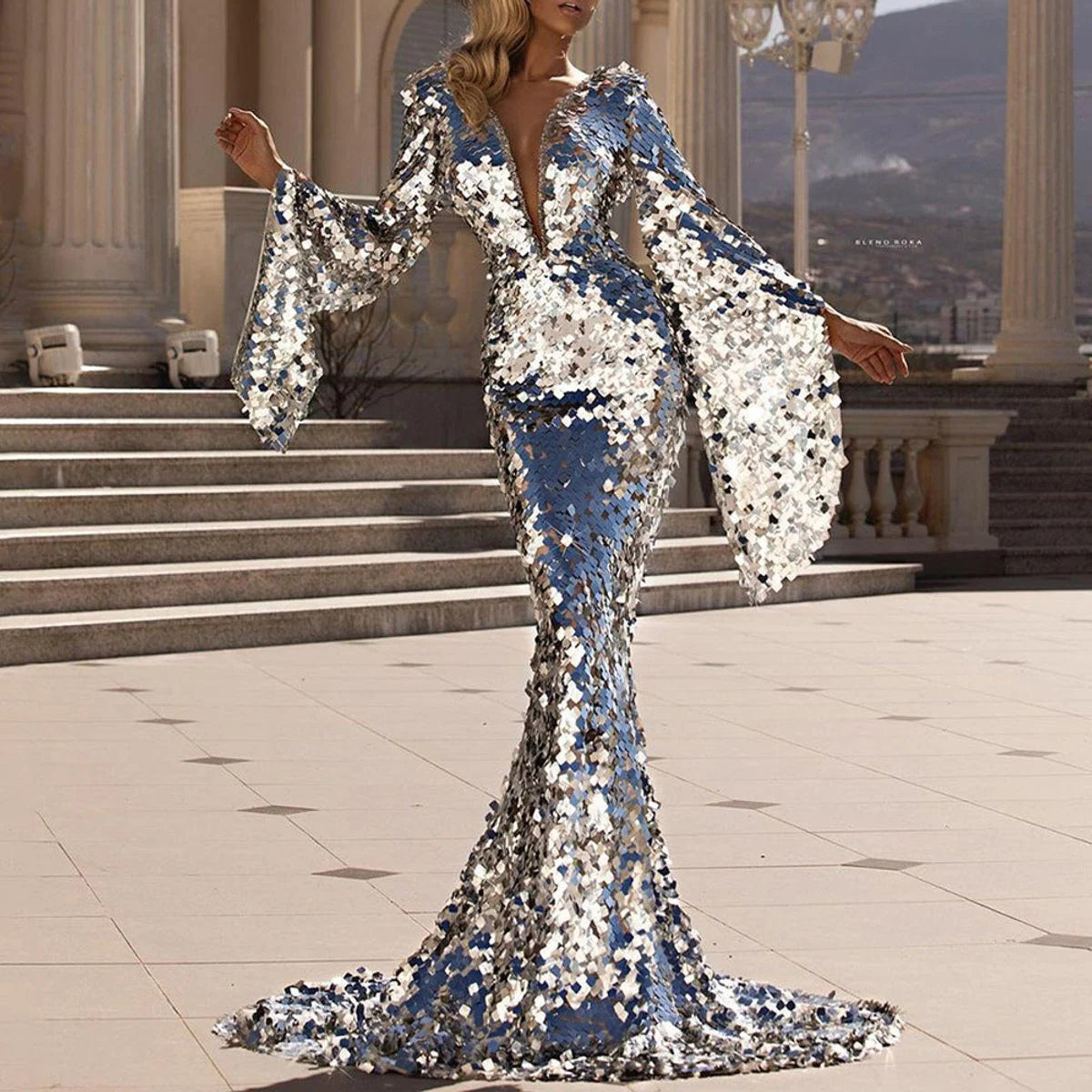 Sequin Maxi Dress with Flutter Sleeves and Deep V-Neckline 5