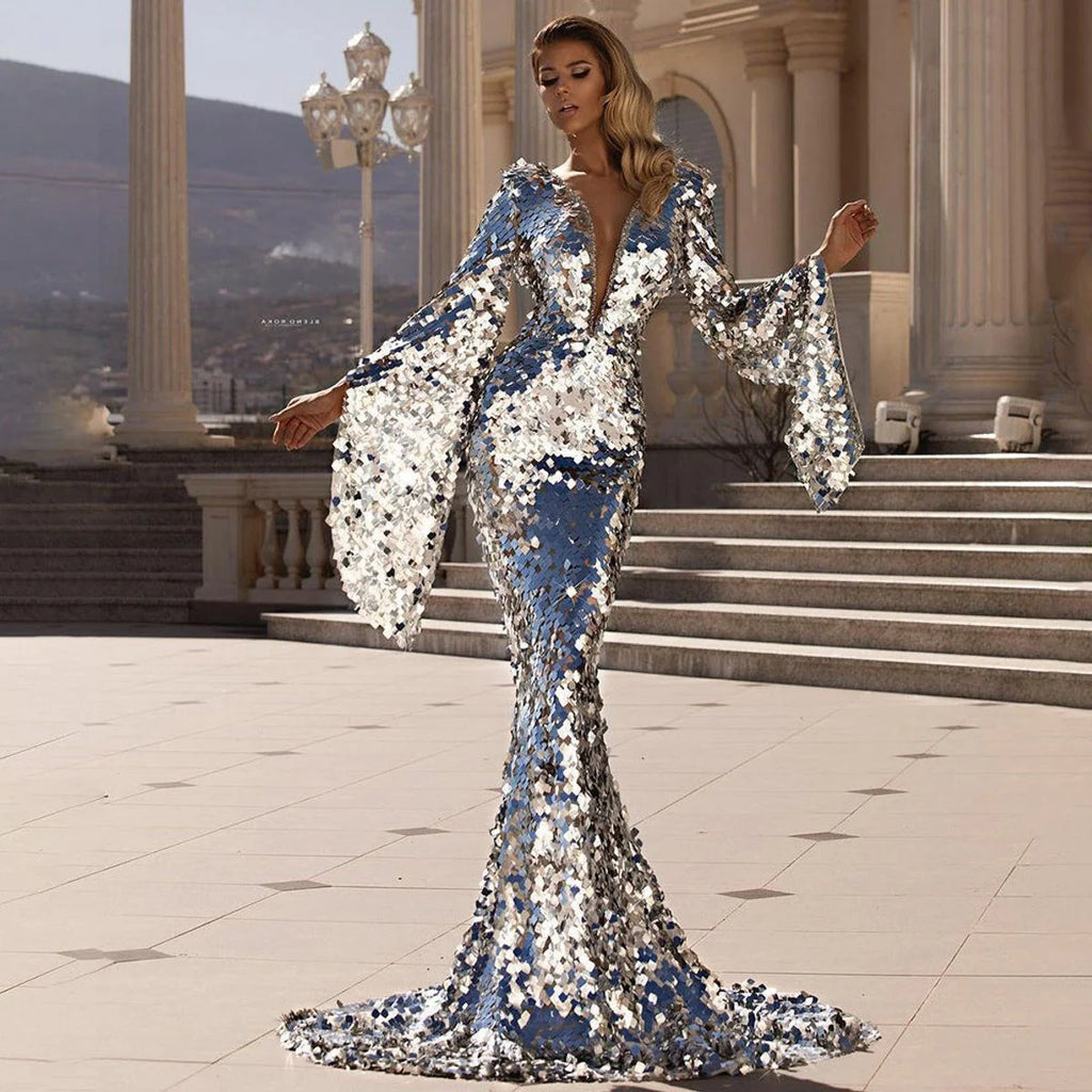 Sequin Maxi Dress with Flutter Sleeves and Deep V-Neckline 6