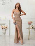 Sequin Maxi Dress with V-Neck and High Leg Slit for Women 0