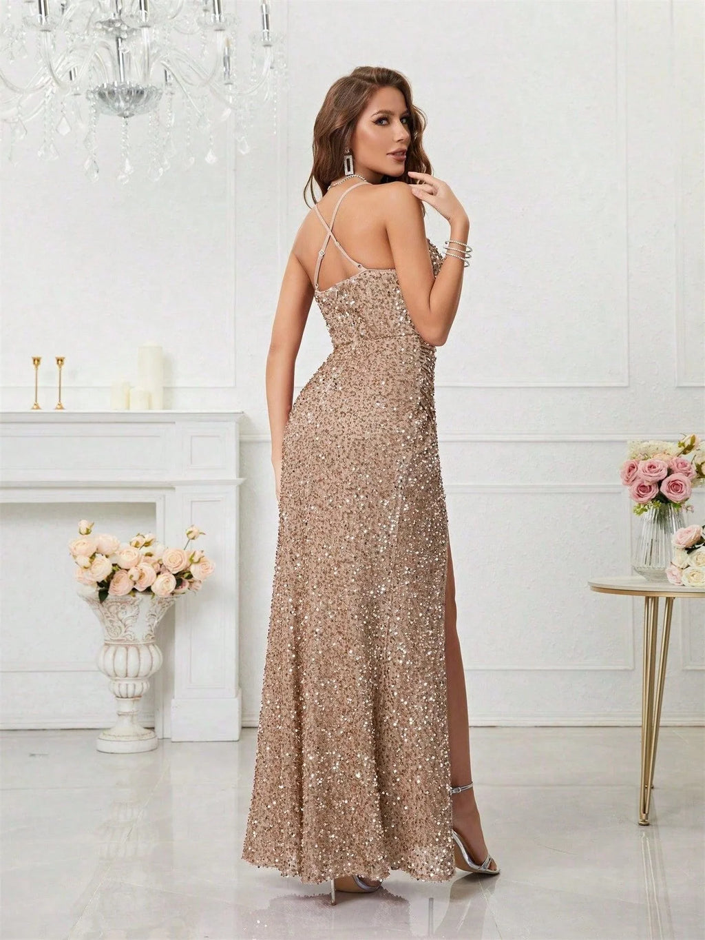 Sequin Maxi Dress with V-Neck and High Leg Slit for Women 1