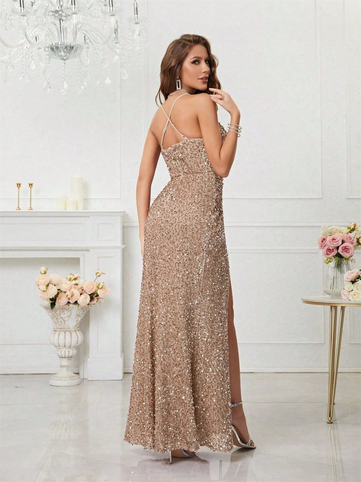 Sequin Maxi Dress with V-Neck and High Leg Slit for Women 1