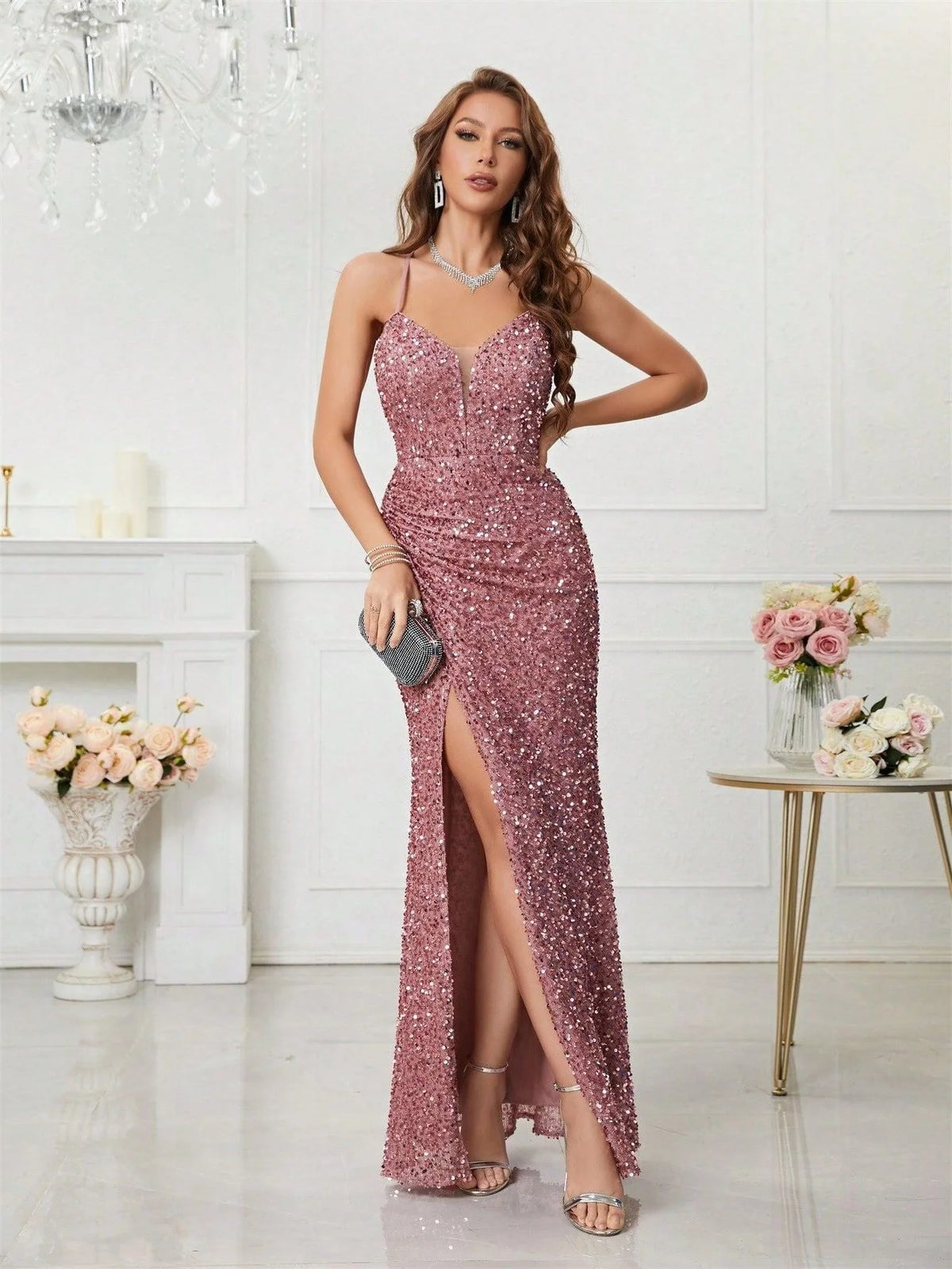 Sequin Maxi Dress with V-Neck and High Leg Slit for Women 10