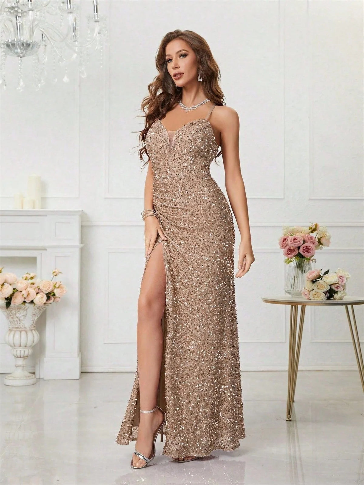 Sequin Maxi Dress with V-Neck and High Leg Slit for Women 3