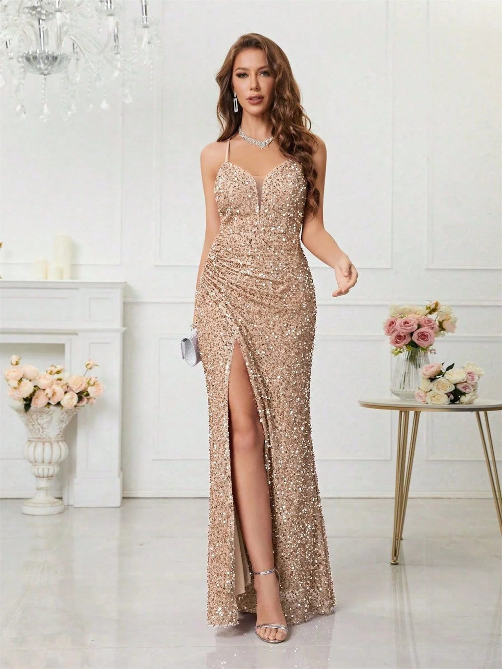 Sequin Maxi Dress with V-Neck and High Leg Slit for Women 4
