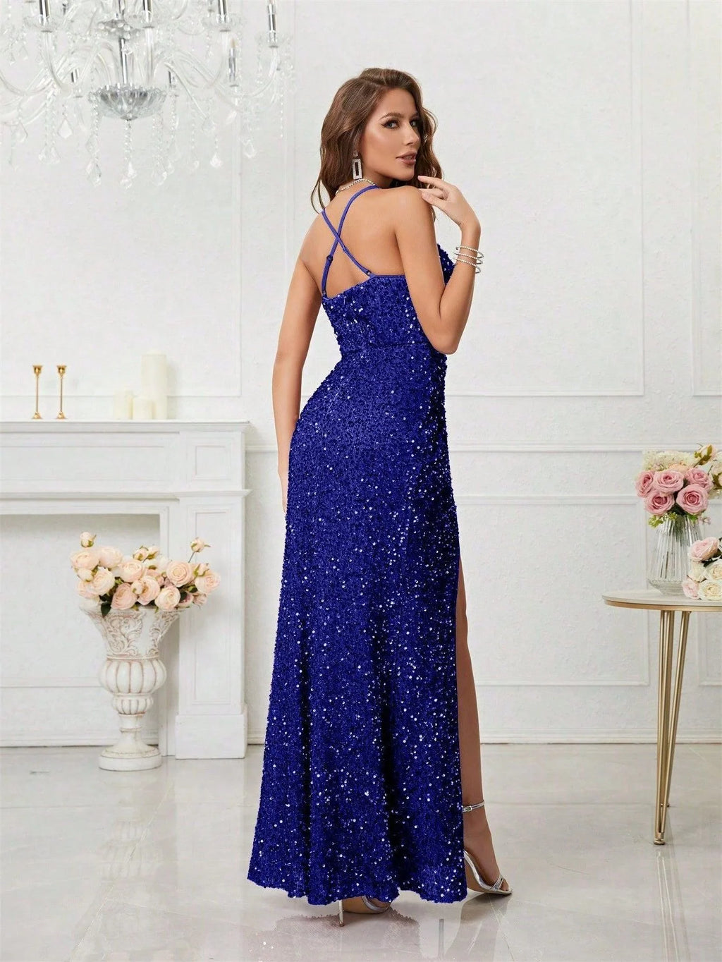 Sequin Maxi Dress with V-Neck and High Leg Slit for Women 7