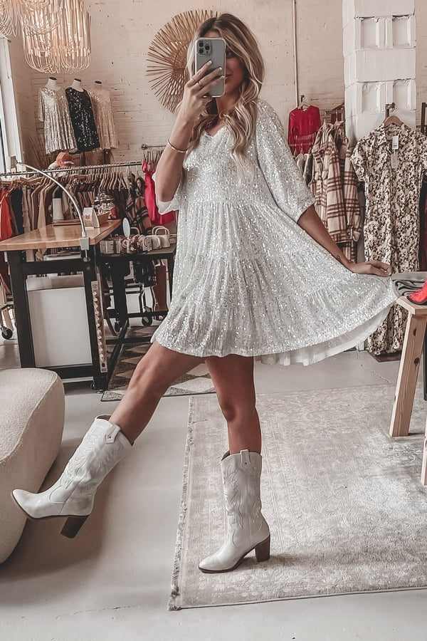 Sequin Mini Dress with Three-Quarter Sleeves for Women - Cocktail Dresses 0