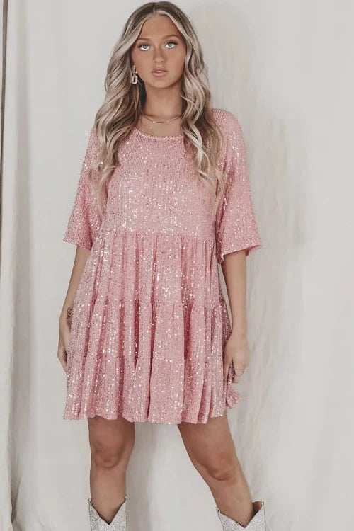 Sequin Mini Dress with Three-Quarter Sleeves for Women - Cocktail Dresses 1