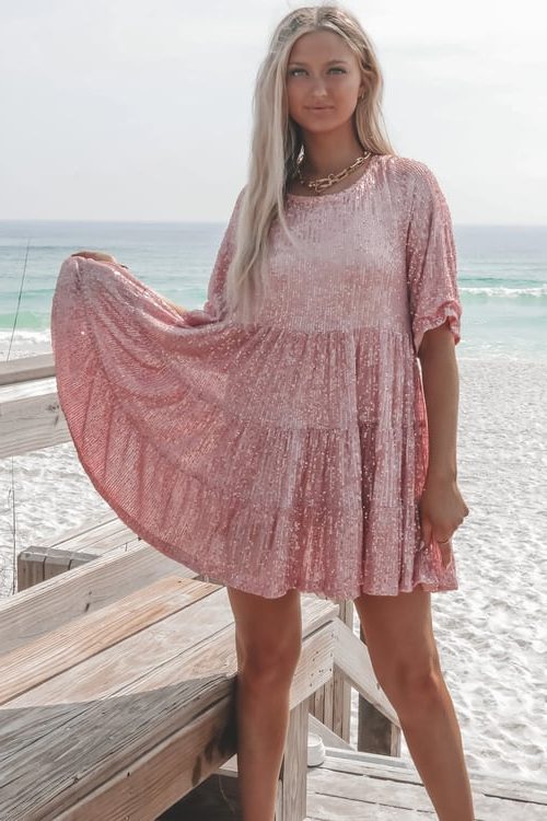 Sequin Mini Dress with Three-Quarter Sleeves for Women - Cocktail Dresses 6