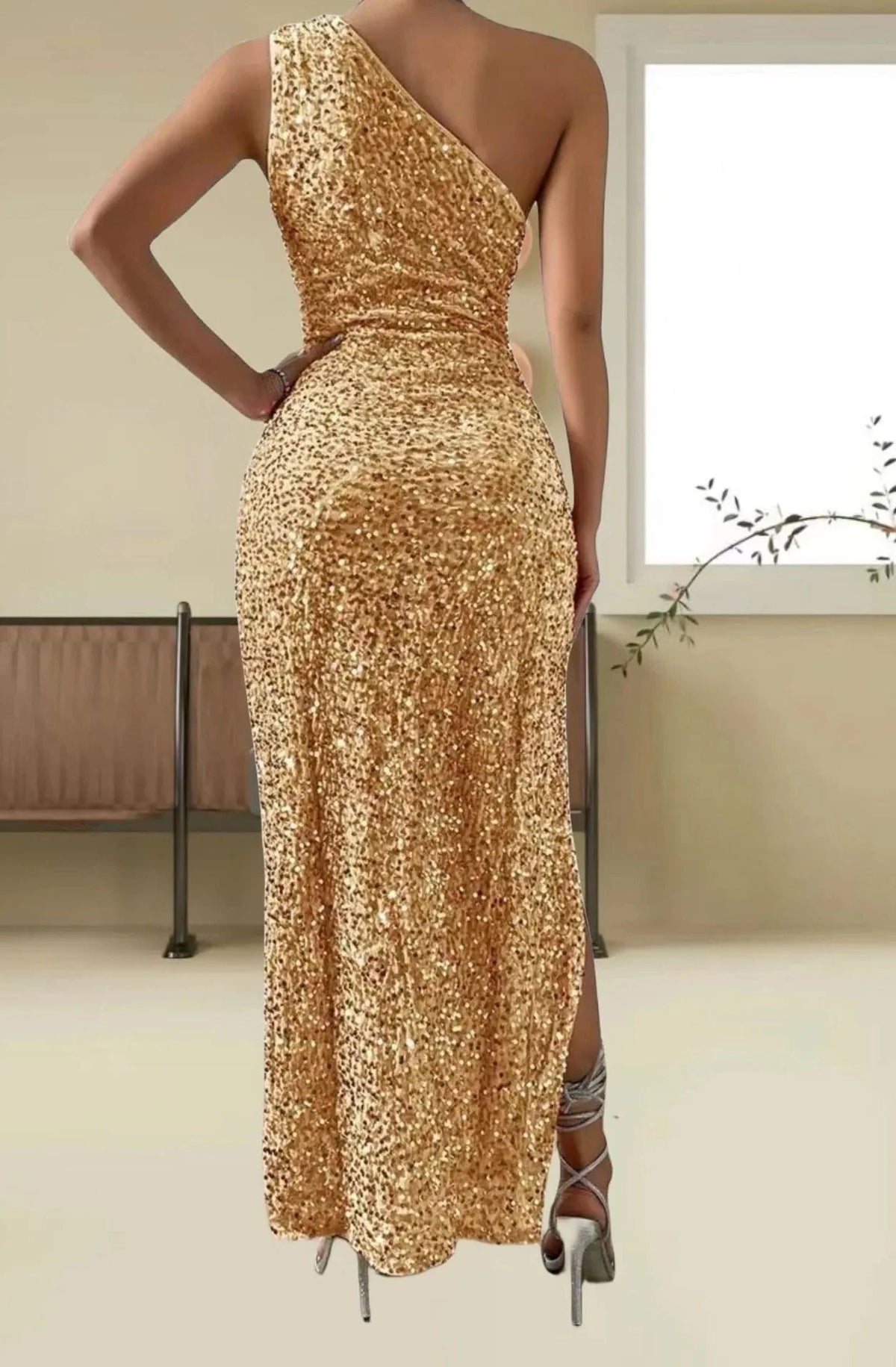 Sequin One-Shoulder Maxi Dress with High Slit for Women 3