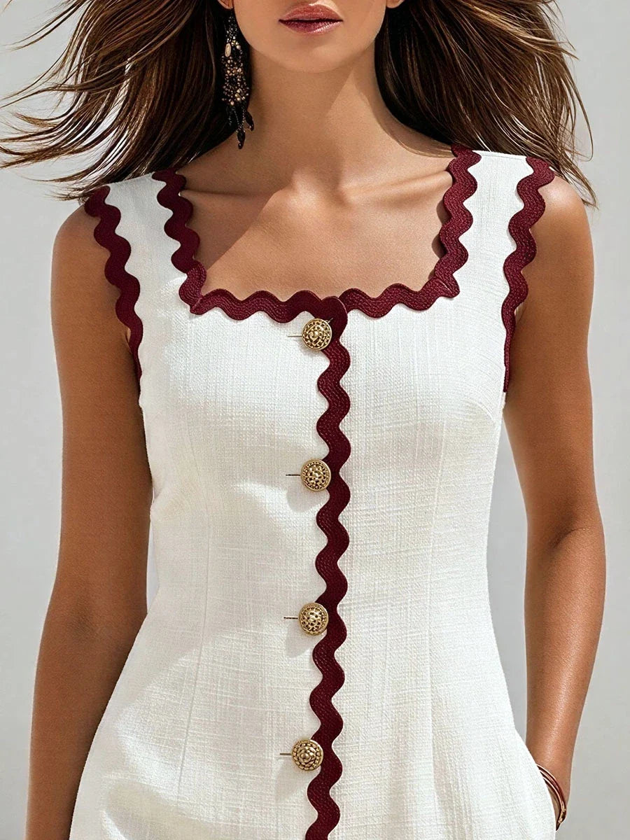 Sleeveless mini dress for women featuring a square neck design and scalloped trim, perfect for stylish summer outings. 4
