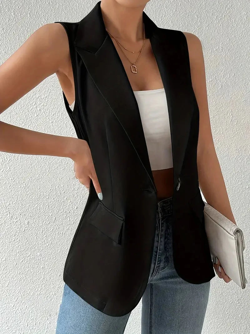 Sleeveless Women's Blazer with Button Accents for Warm Weather 1