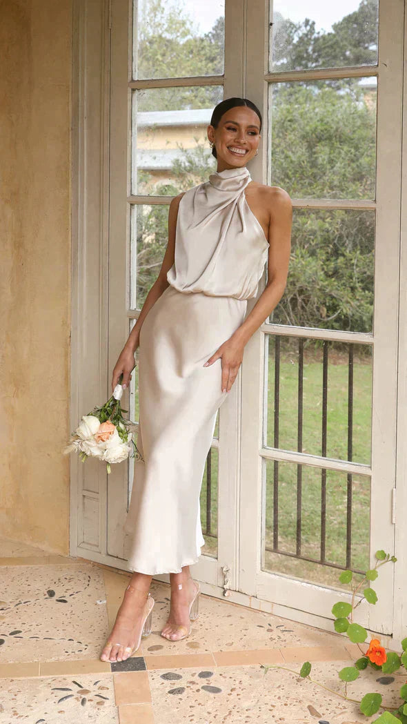 Emily | Women's Elegant Halter Midi Dress with Draped Neckline
