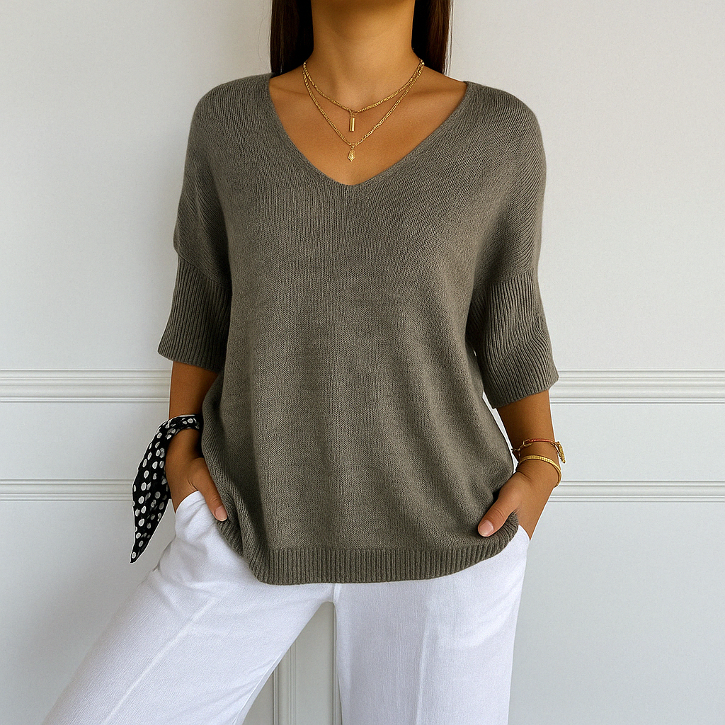 Jade | Green Women's V-Neck Sweater with Short Sleeves for Summer