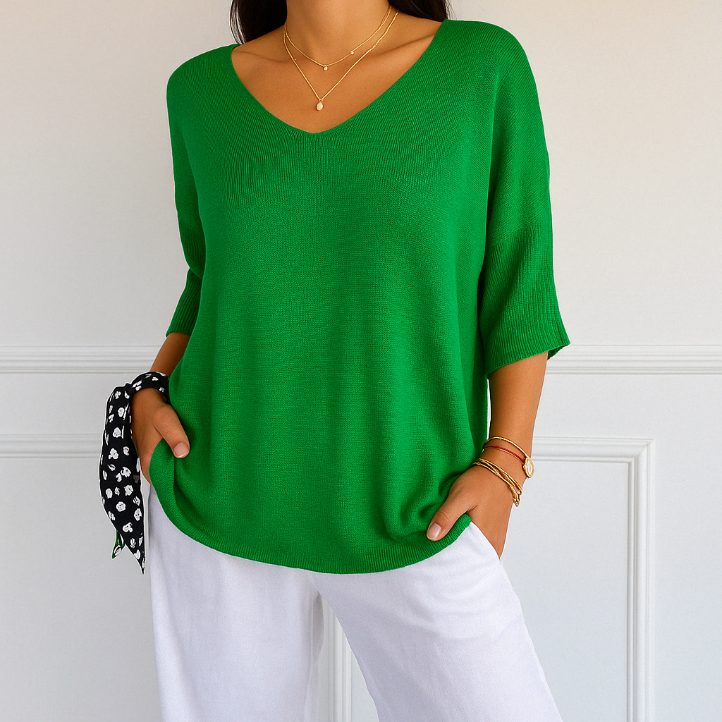 Jade | Green Women's V-Neck Sweater with Short Sleeves for Summer