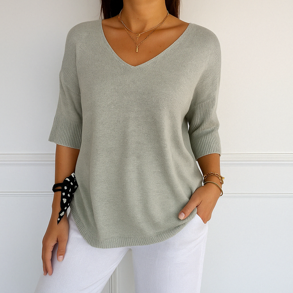 Jade | Green Women's V-Neck Sweater with Short Sleeves for Summer