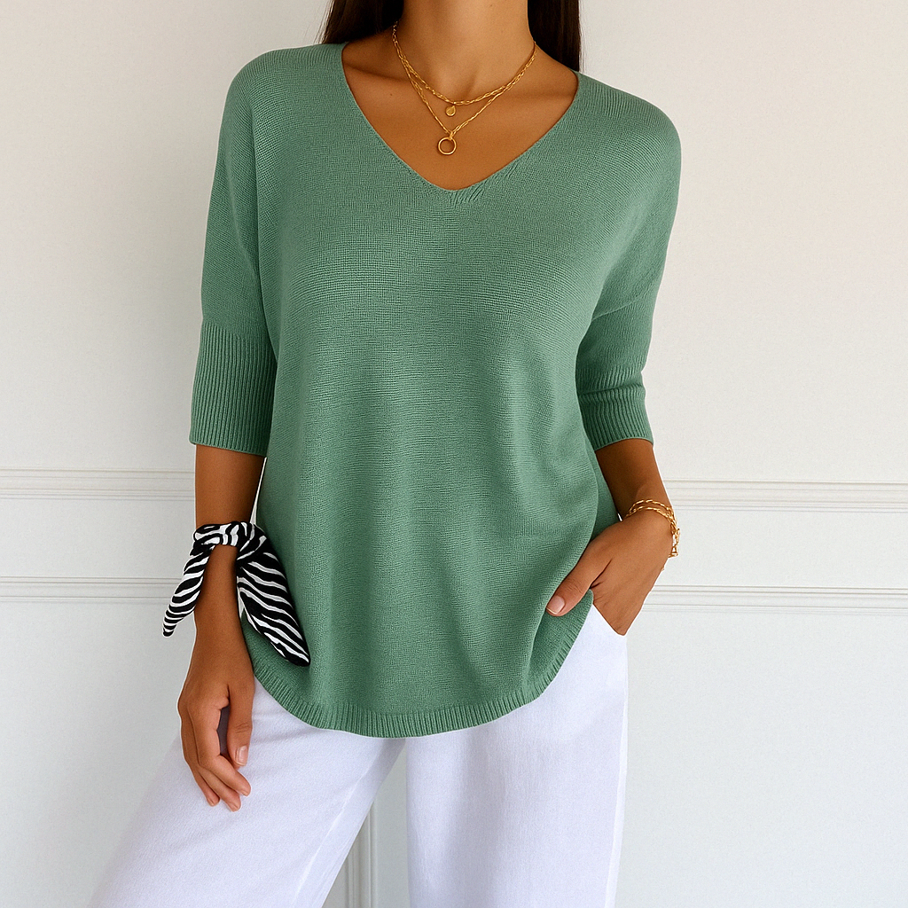 Jade | Green Women's V-Neck Sweater with Short Sleeves for Summer
