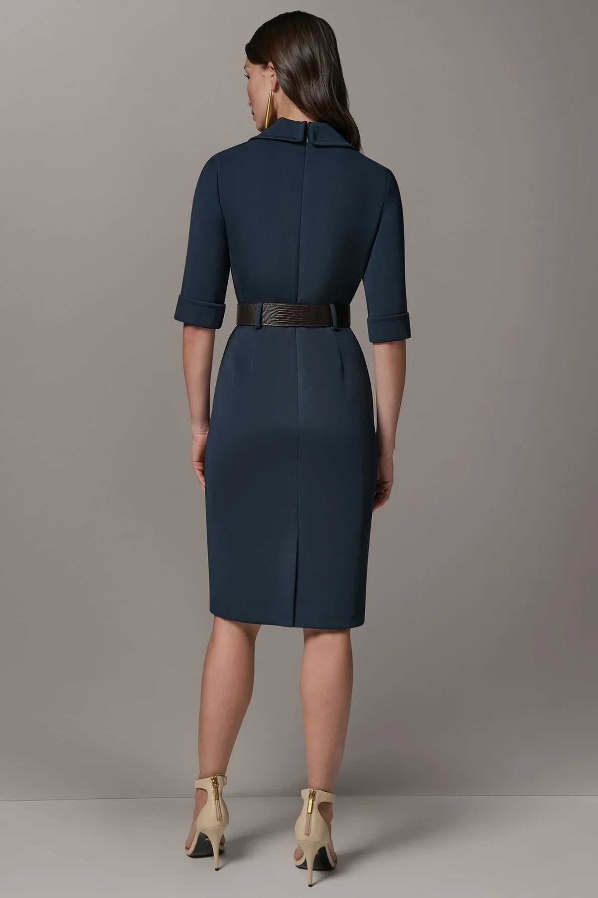 Structured women's blazer dress featuring a stylish A-line skirt and a belted waist, perfect for versatile office or evening wear. 7