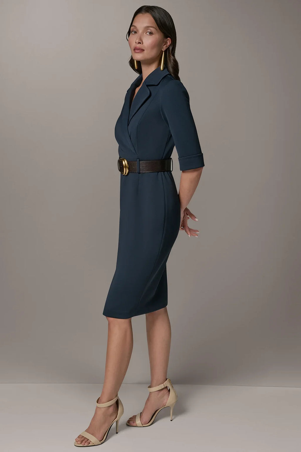 Structured women's blazer dress featuring a stylish A-line skirt and a belted waist, perfect for versatile office or evening wear. 8