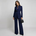 Tailored women's suit set featuring a stylish high collar blazer and elegant wide-leg trousers, perfect for professional and formal occasions. 0