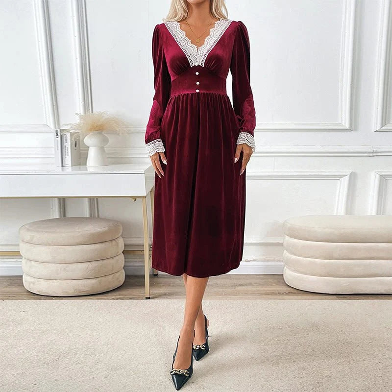 Velvet Midi Dress with Lace V-Neck and Long Sleeves for Women 0