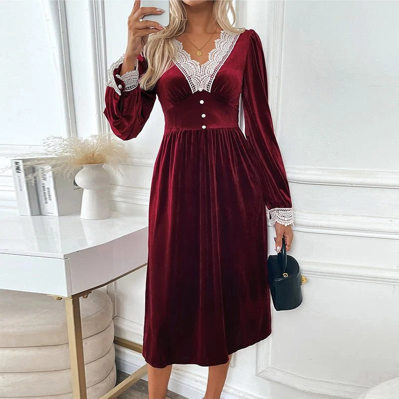 Velvet Midi Dress with Lace V-Neck and Long Sleeves for Women 3