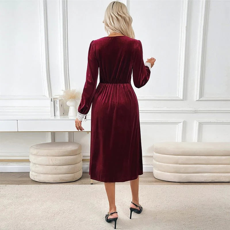Velvet Midi Dress with Lace V-Neck and Long Sleeves for Women 4