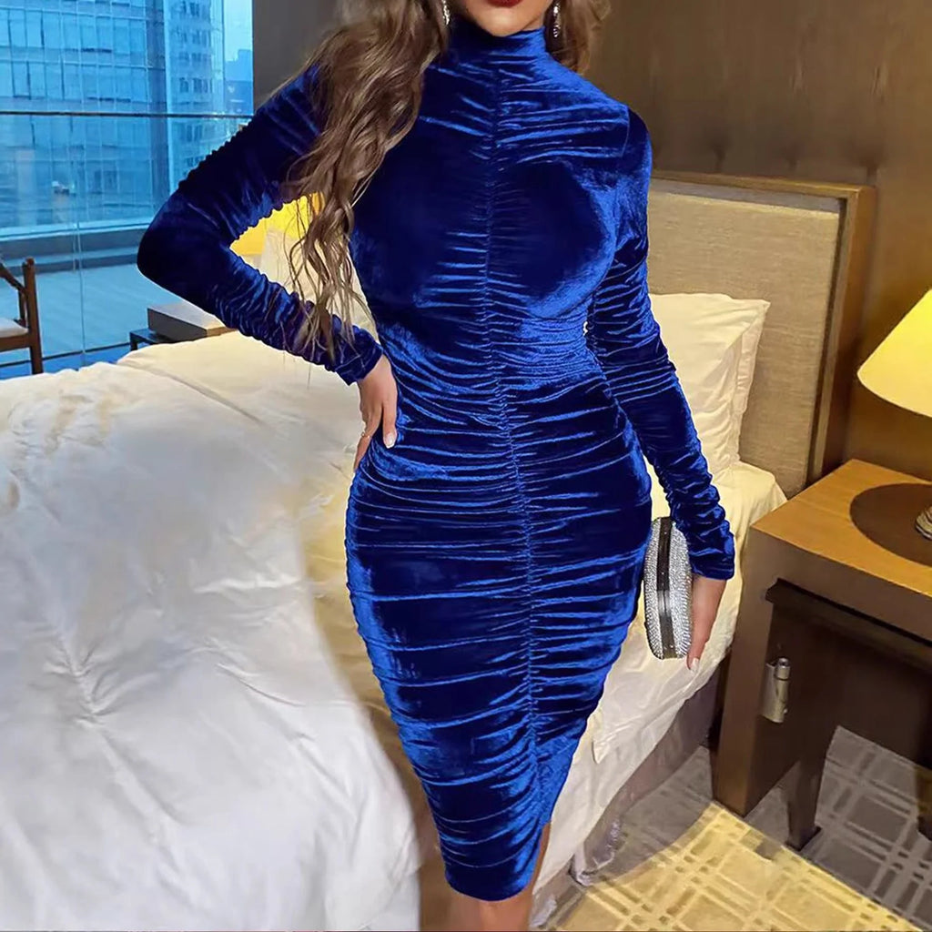 Velvet Ruched Midi Dress with Long Sleeves and High Neckline 1