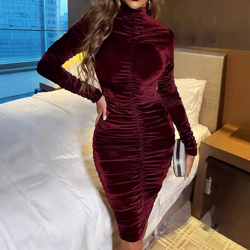 Velvet Ruched Midi Dress with Long Sleeves and High Neckline 2