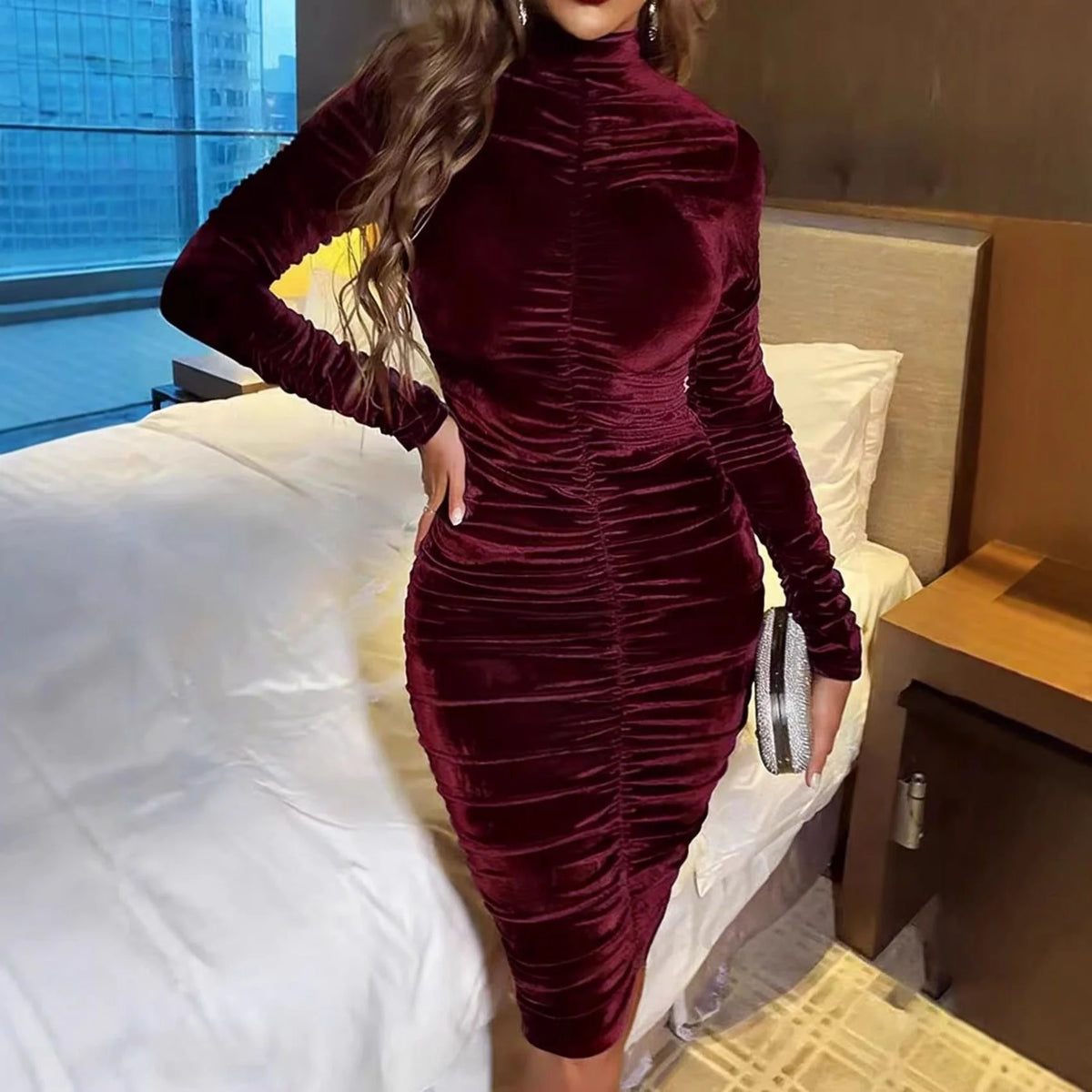 Velvet Ruched Midi Dress with Long Sleeves and High Neckline 2