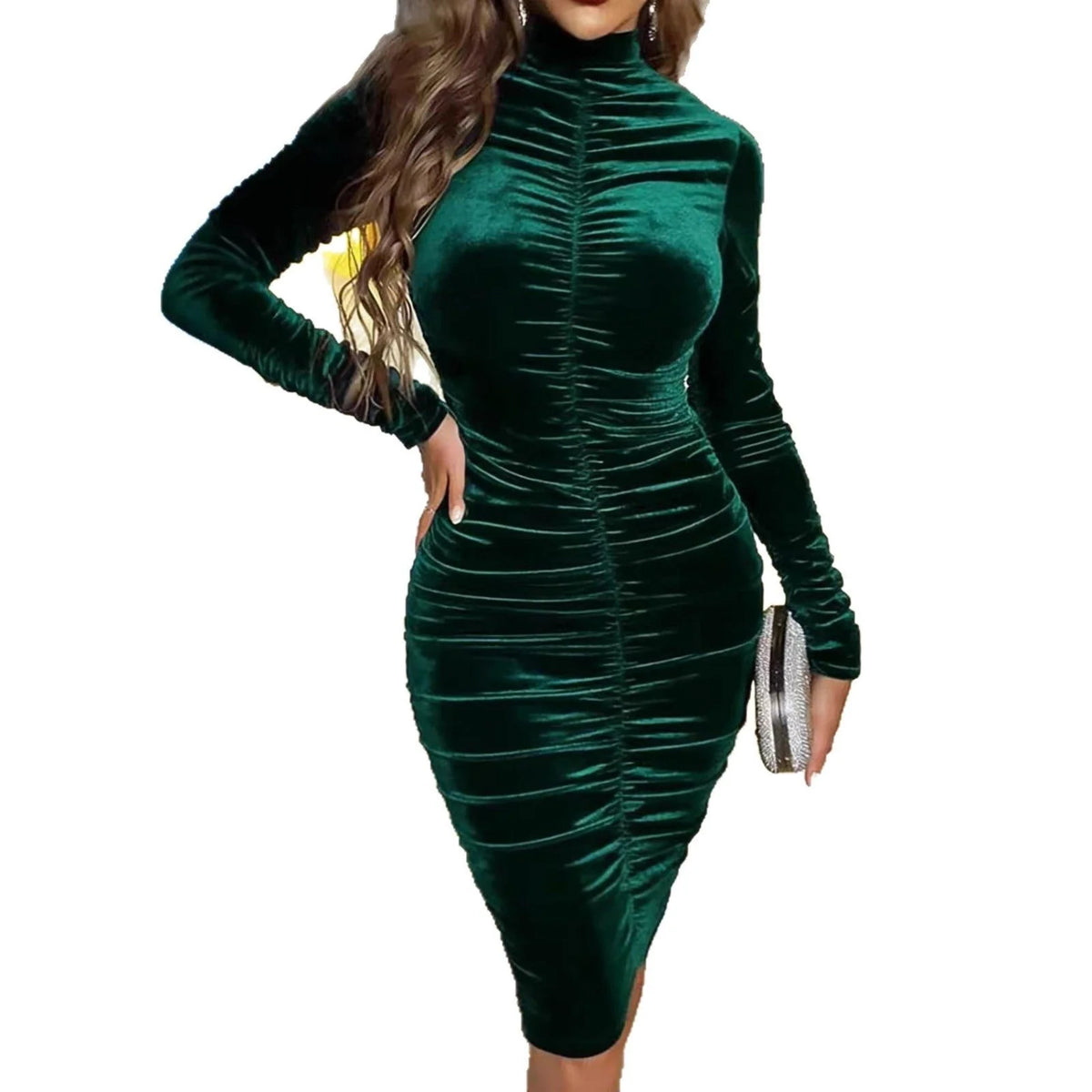 Velvet Ruched Midi Dress with Long Sleeves and High Neckline 5