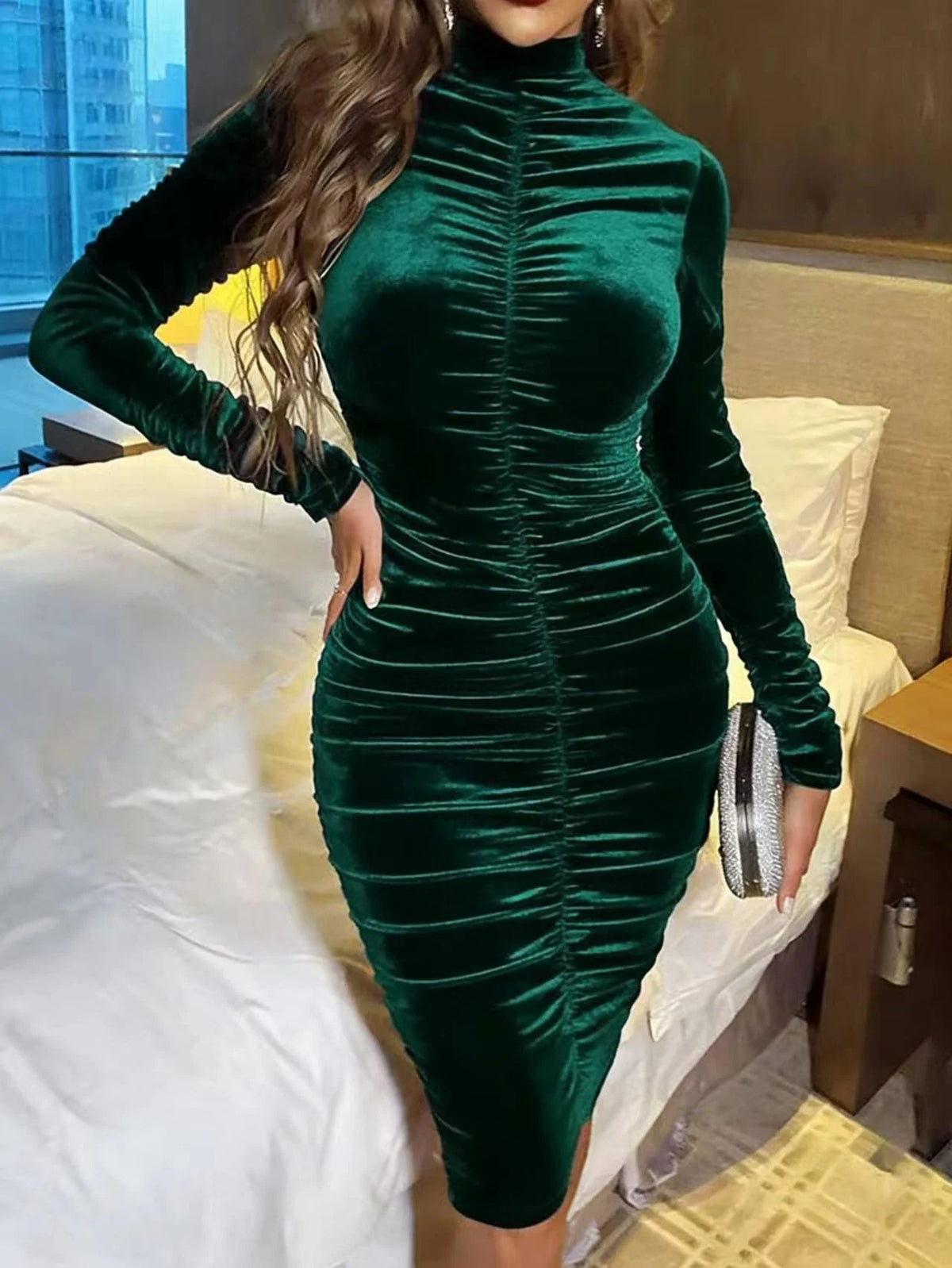 Velvet Ruched Midi Dress with Long Sleeves and High Neckline 6