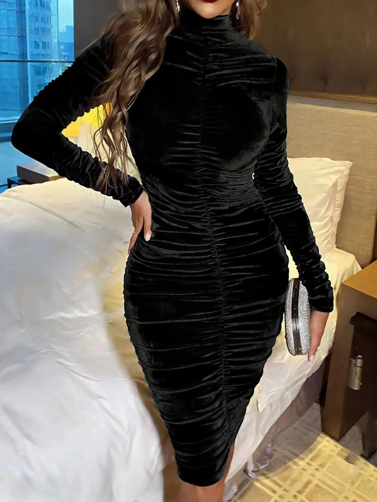 Velvet Ruched Midi Dress with Long Sleeves and High Neckline 7