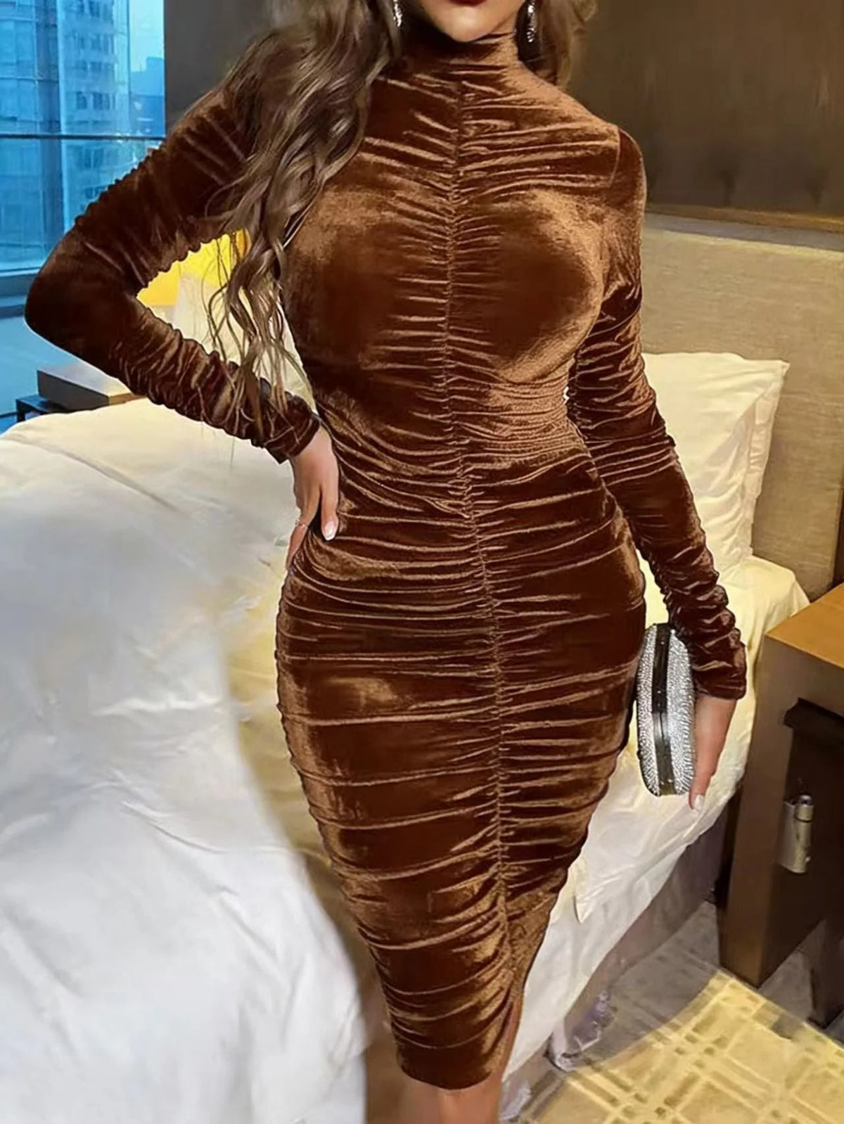 Velvet Ruched Midi Dress with Long Sleeves and High Neckline 9