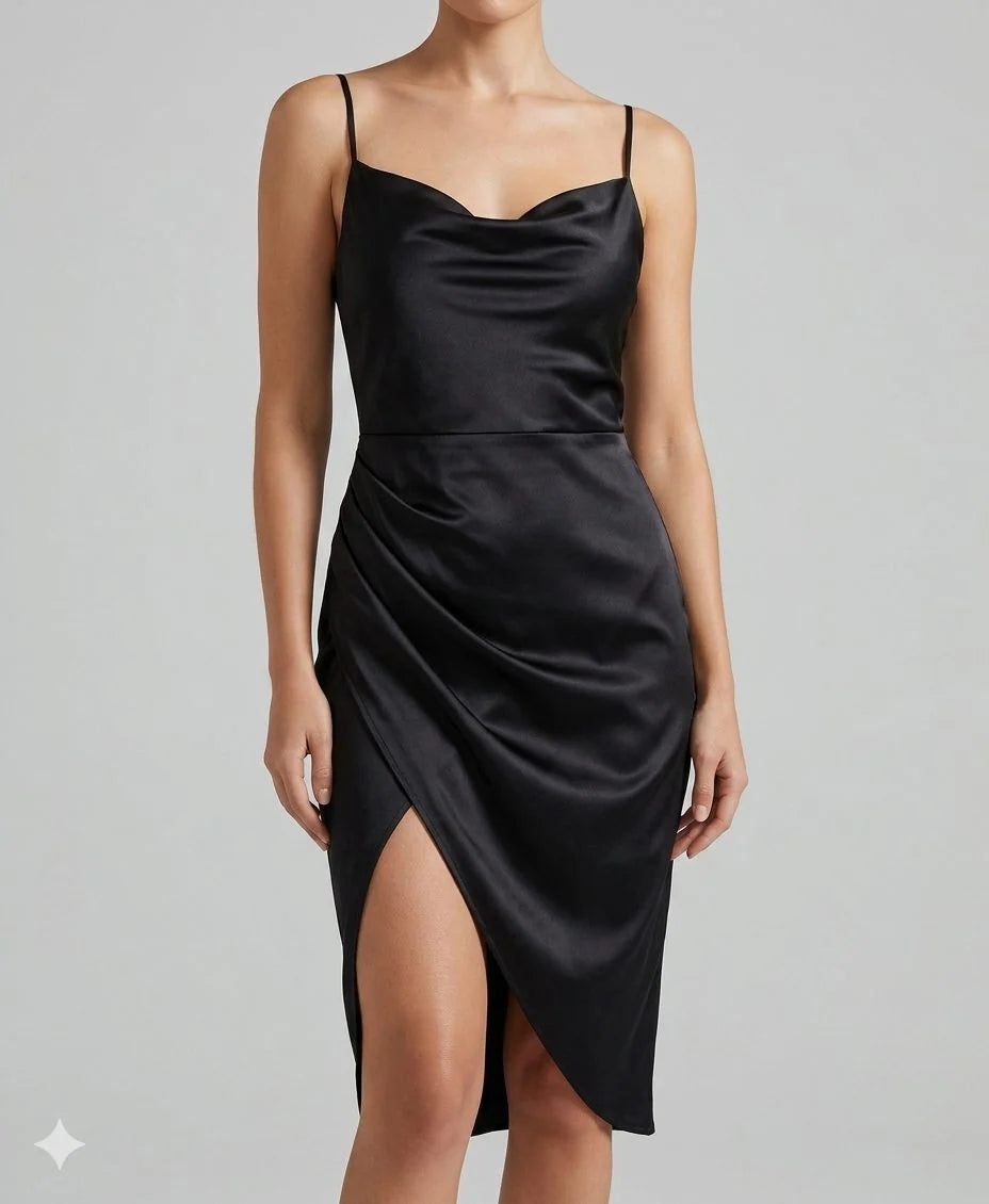 Velvet Satin Slip Midi Dress with Cowl Neck and Side Slit 0