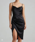 Velvet Satin Slip Midi Dress with Cowl Neck and Side Slit 0