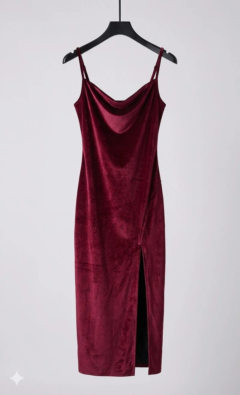 Velvet Satin Slip Midi Dress with Cowl Neck and Side Slit 7