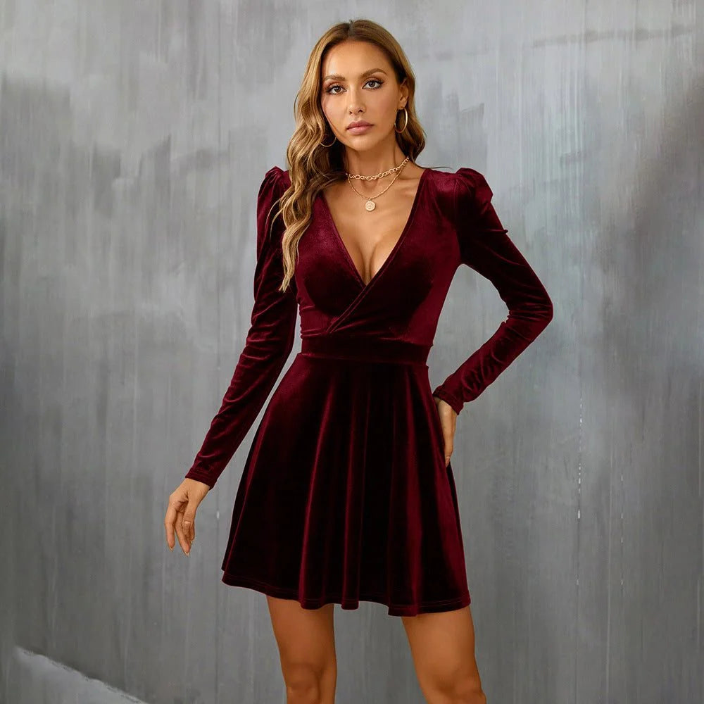 Velvet Wrap Cocktail Dress with V-Neck and Long Sleeves for Parties 0