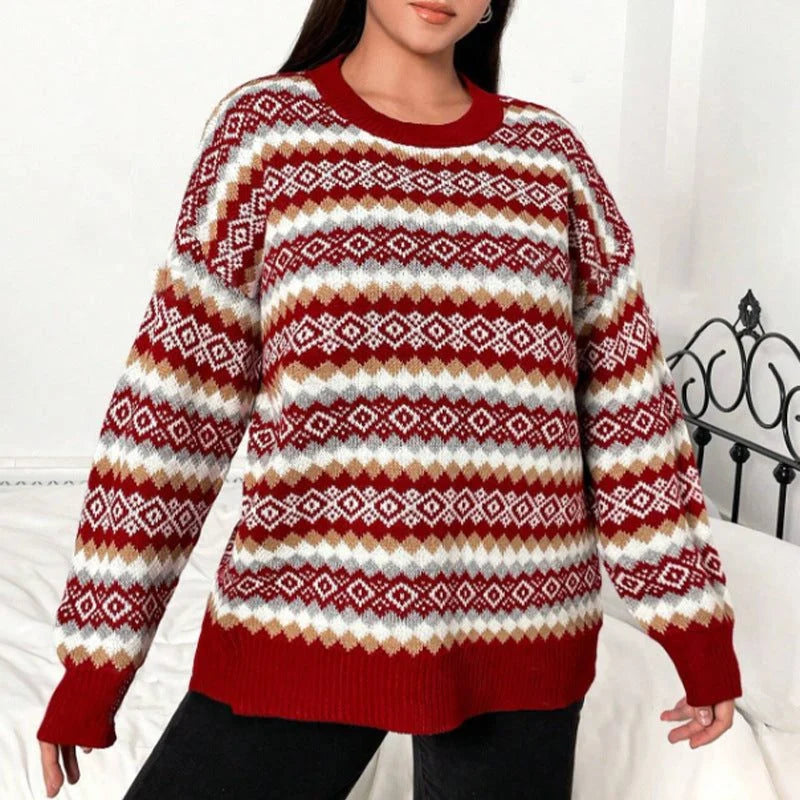 Women's Fair Isle Crew Neck Sweater with Relaxed Fit 0