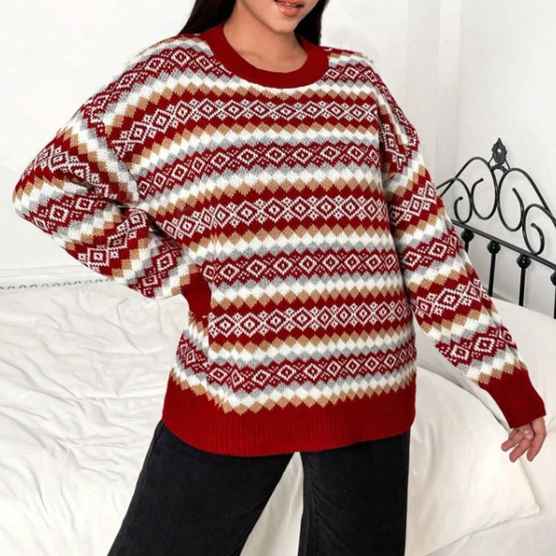 Women's Fair Isle Crew Neck Sweater with Relaxed Fit 1