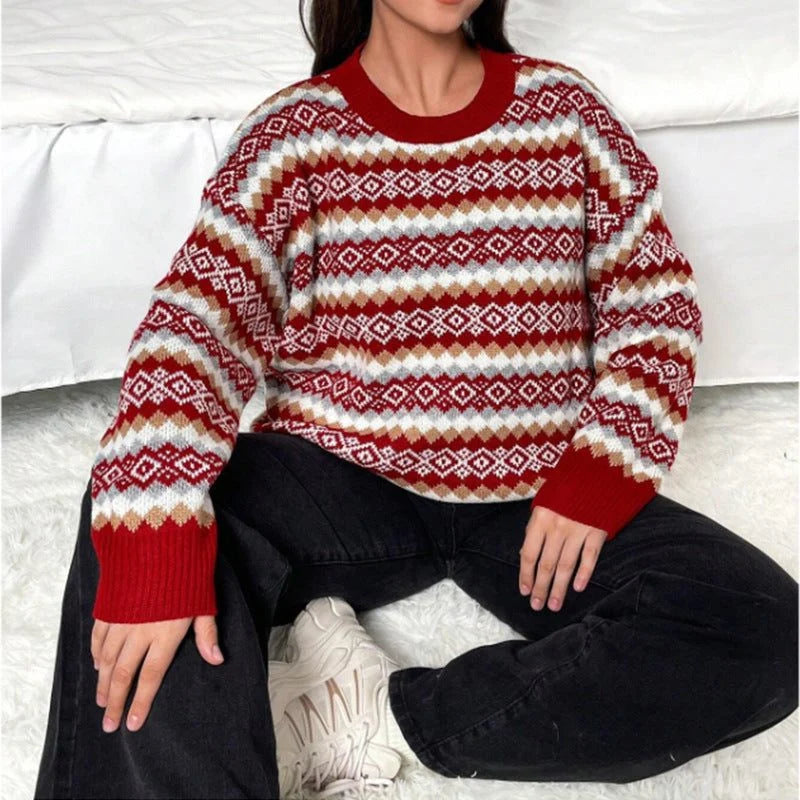 Women's Fair Isle Crew Neck Sweater with Relaxed Fit 4
