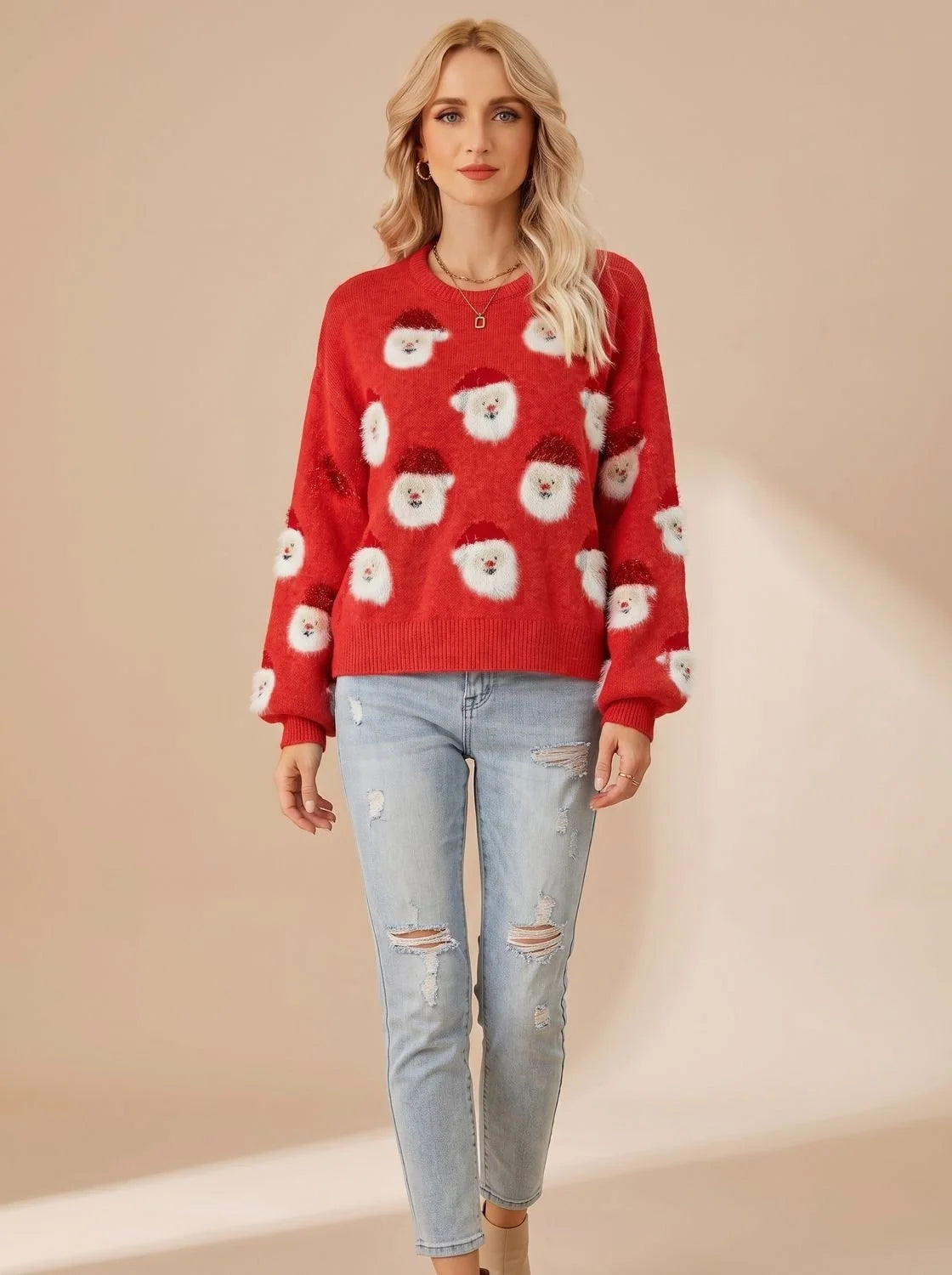 Women's Oversized Christmas Sweater with Santa Motif and Crew Neck 4