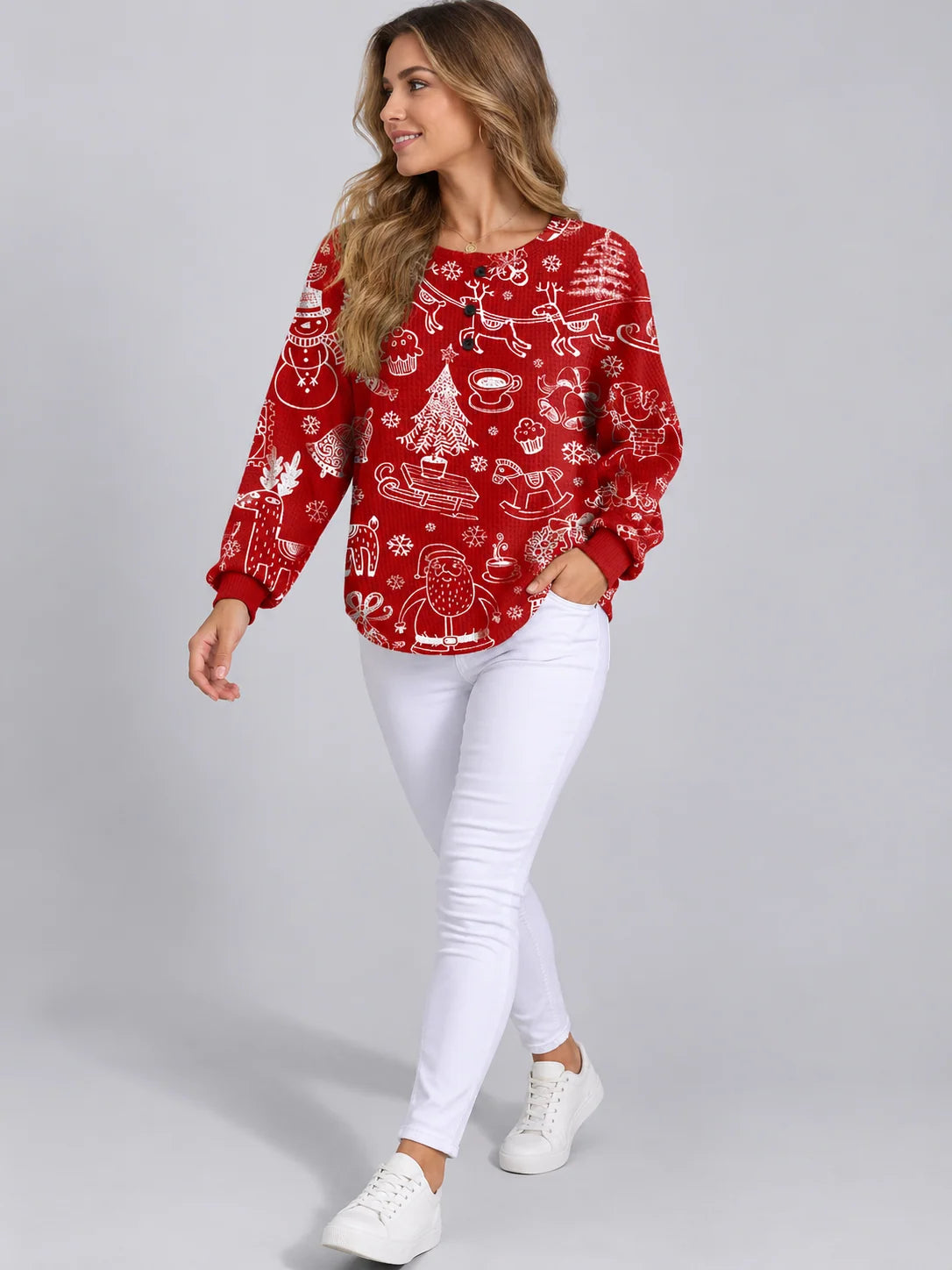Women's Oversized Relaxed Fit Holiday Fleece Sweater with Print 2