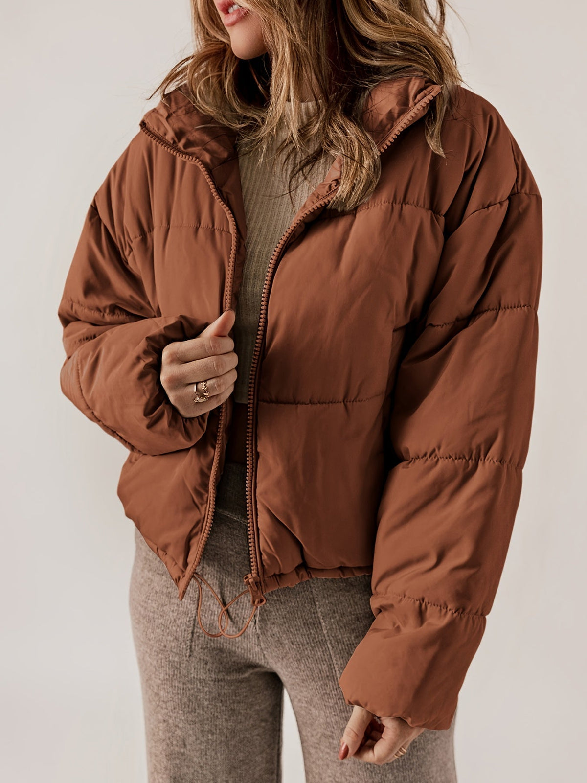 Women's Quilted Loose Fit Puffer Jacket with Full-Zip Closure 2