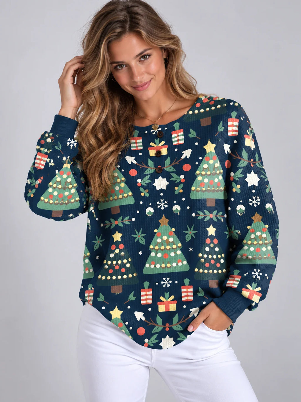 Women's Relaxed Fit Christmas Knit Sweater with Festive Pattern 1
