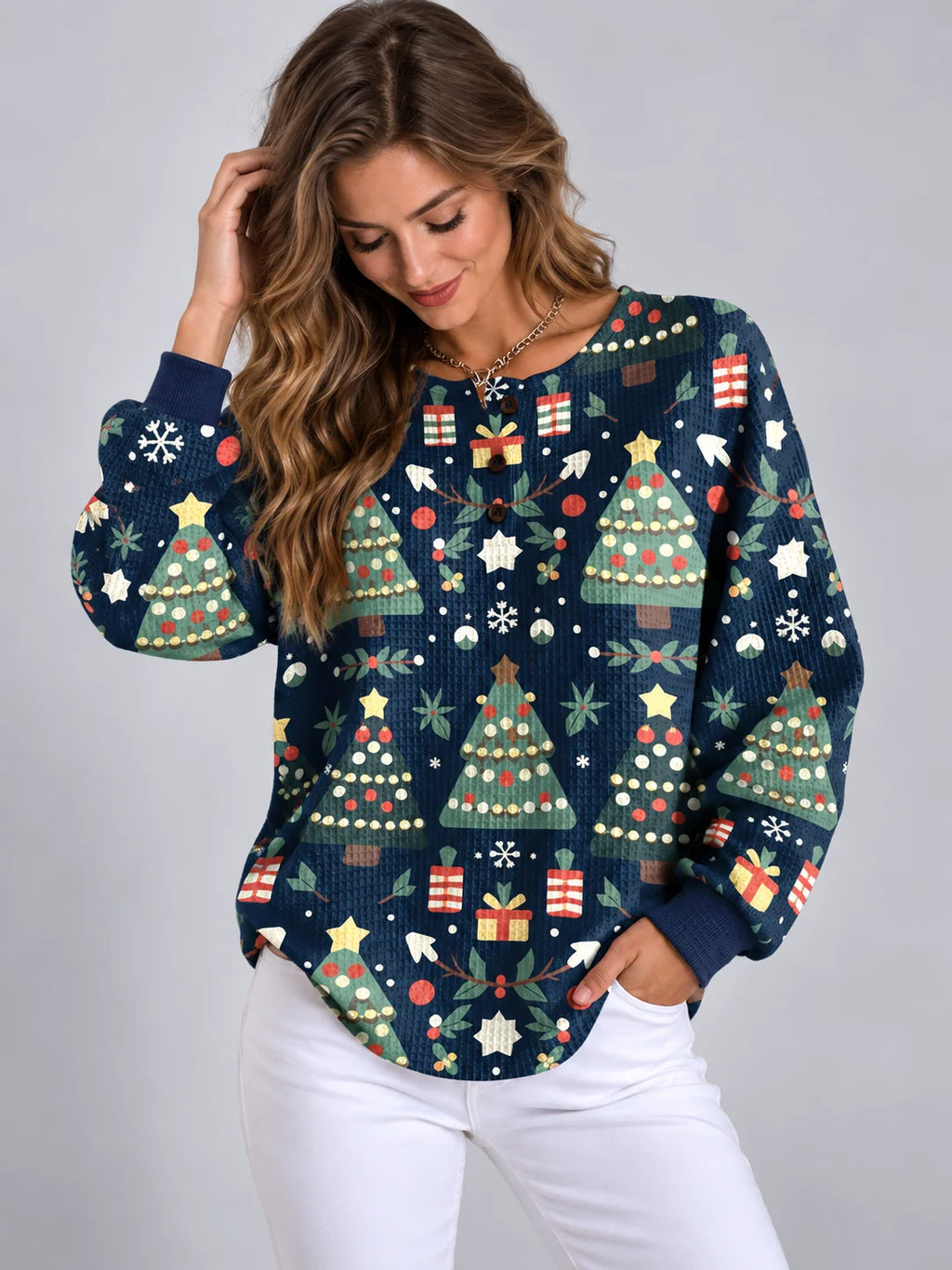 Women's Relaxed Fit Christmas Knit Sweater with Festive Pattern 2