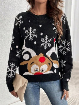 Women's Relaxed Fit Christmas Sweater with Reindeer and Snowflake Design 0